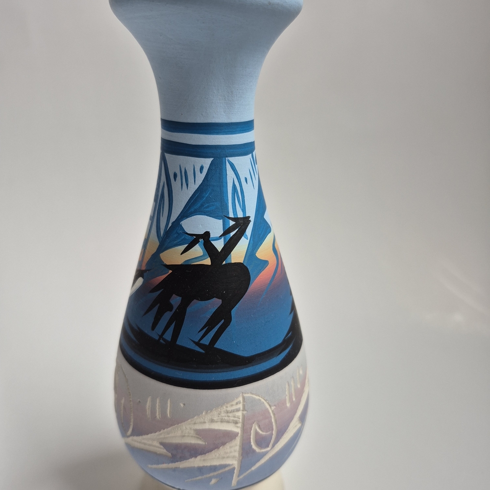 Vtg Signed Handmade Navajo Pottery Mini Vase w/Handpainted “End of the Trail”